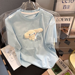 เสื้อยืดแขนสั้น ผ้าฝ้ายแท้ ทรงหลวม ลายสุนัข Cinnamon น่ารัก สามมิติ สีฟ้า แฟชั่นฤดูร้อน สําหรับผู้หญิง