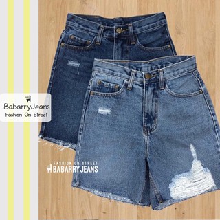 BabarryJeans ยีนส์สามส่วน เอวสูง แต่งขาด ผ้ายีนส์ไม่ยืด สียีนส์เข้ม /สียีนส์อ่อน