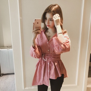 FBเสื้อเชื๊ตแฟชั่นคอปก แต่งลายสวยหรูสไตล์เกาหลี มี 2 สี รหัส 1908