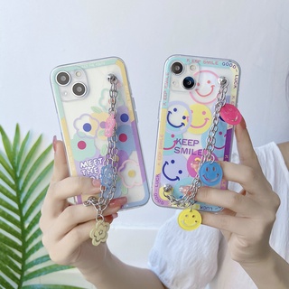 For IPhone 13 12 11 Pro Max Mini SE 2020 6 6S 7 8 7+ 8+ 6+ 6S+ X XS XR XSMAX ProMax Sweet Cool Metal Chain Flowers Smiley Clear Fine Hole Shockproof Soft Phone Case Keep Smile Full Colorful Back Cover 1CES 29