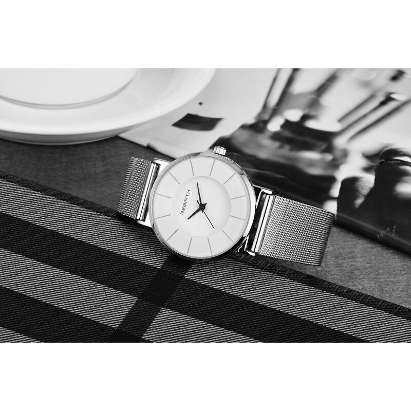 rebirthนาฬิกากันน้ำ-นาฬิกาข้อมือ-นาฬิกาแฟชั่น-ผู้หญิง-เหล็กสาน-fashion-black-dial-mesh-strap-women-watch-silver