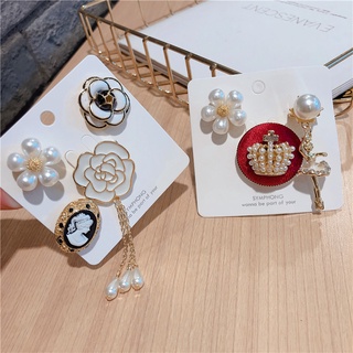 Exquisite Pearl Camellia Flower Crown small Fragrant wind Brooch Korean version 3/4 piece set Pearl tassel Little girl Pendant Brooch Fashion Popular Accessories