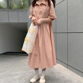 🔥ส่งจากไทย！ เสื้อเชิ้ตคอปกจีบสไตล์วิทยาลัยญี่ปุ่นชุดเดรสสีชมพูแขนสั้นหลวมสลิมสด