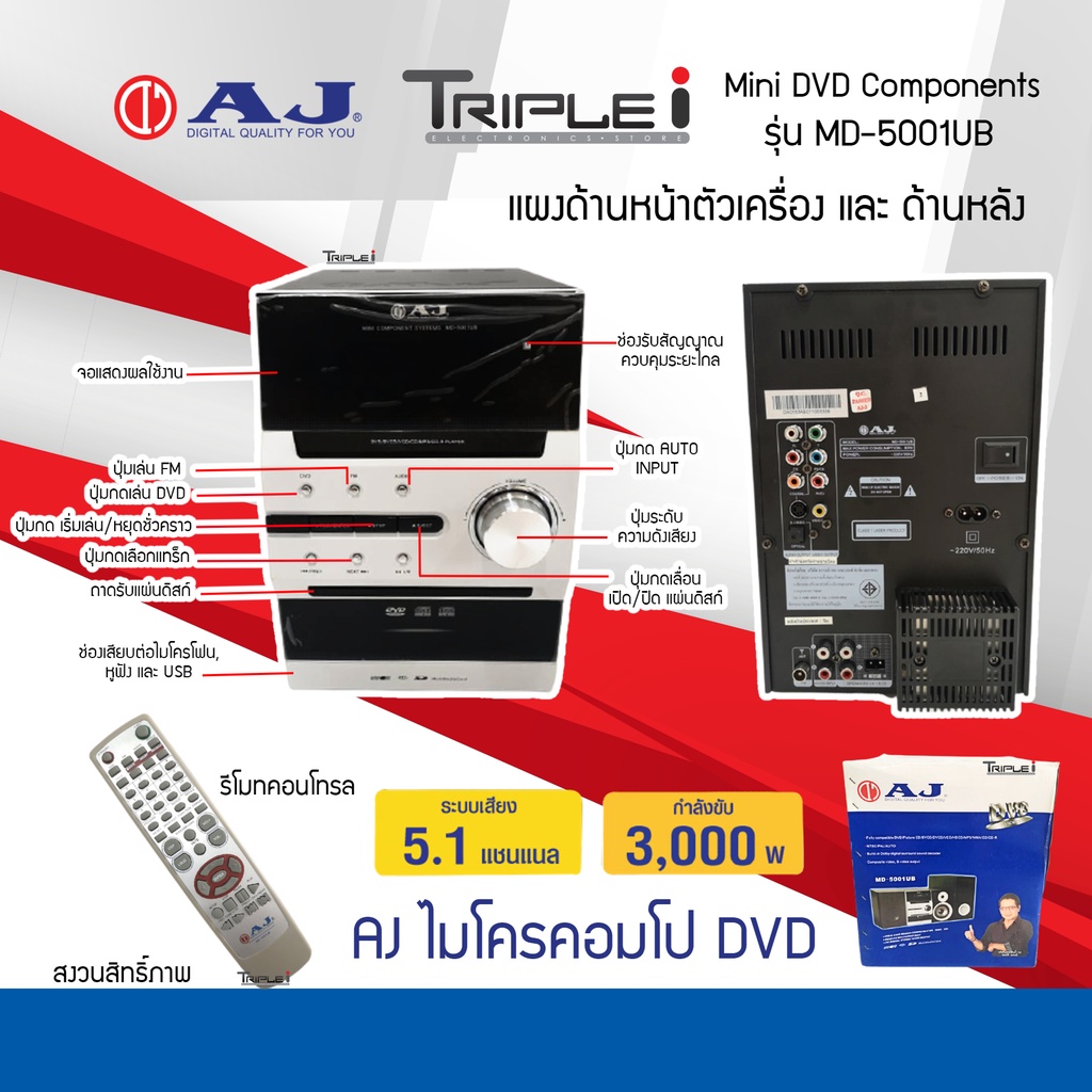 ภาพหน้าปกสินค้าAJ ไมโครคอมโป DVD รุ่น MD-5001UB พลังเสียง 3,000W ช่อง USB / SD Card / MMC Card รีโมท รับประกันสินค้า 1ปี จากร้าน supermax3 บน Shopee