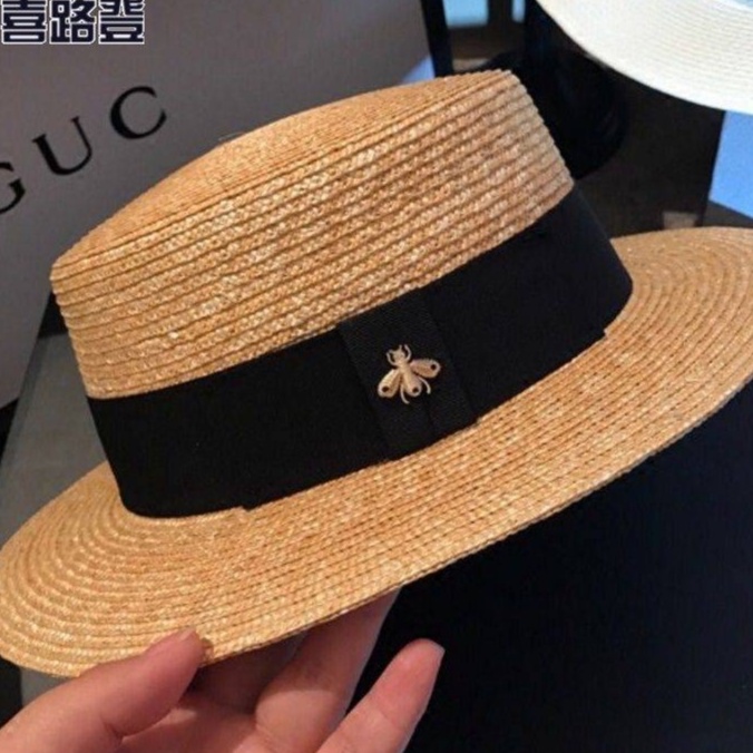 หมวกสานปีกกว้าง-หมวกใส่เที่ยวทะเลคาดดำมีผึ้งติดข้าง-พร้อมส่งจากไทย-e-032