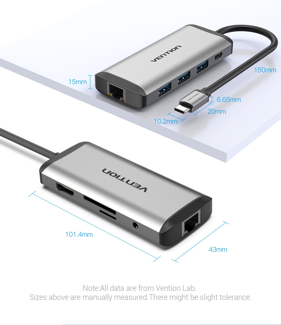 มุมมองเพิ่มเติมของสินค้า Vention อะแดปเตอร์ Usb C Hub 9-in-1 USB C พร้อม 4K HDMI PD ที่ชาร์จ Gigabit Ethernet 3 USB 3.0 SD/TF การ์ดรีดเดอร์ 3.5 มม. สำหรับโทรศัพท์มือถือ แล็ปท็อป แท็บเล็ต เดสก์ทอป