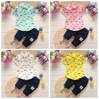 BABYWORLD  เสื้อเชิ้ต แขนสั้น + กางเกง แฟชั่นสำหรับเด็ก