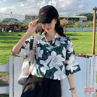 สต็อกไทย❌FF เสื้อเชิ้ตลายดอกสีเขียวทรงโอเวอร์ไซส์ แขนสั้นคอปก แฟชั่น