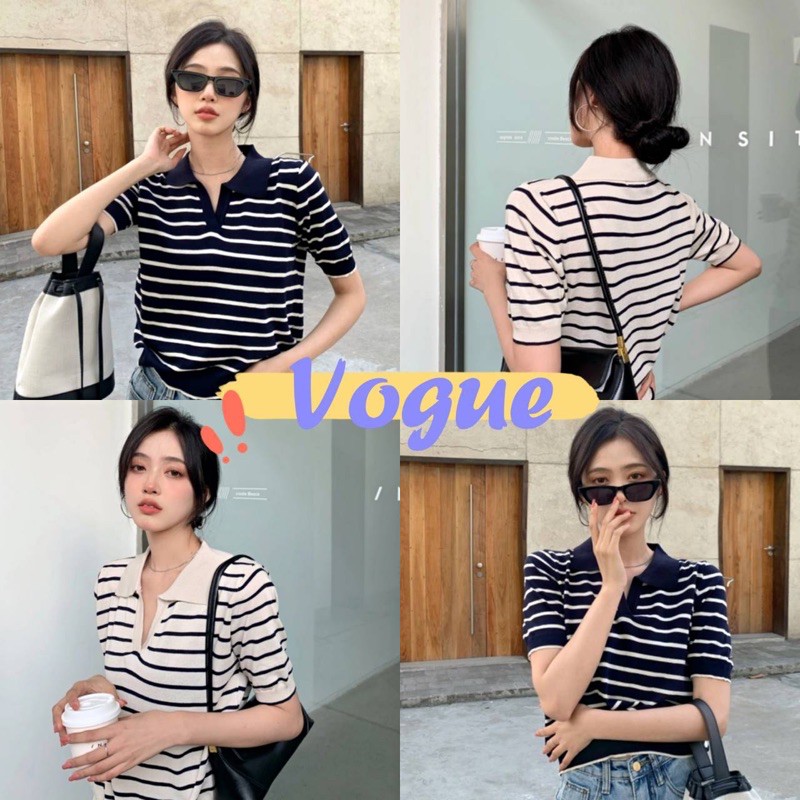 รูปภาพของVogue พร้อมส่ง เสื้อไหมพรมแขนสั้นลายทาง แหวกลึกเท่ๆ (81018)ลองเช็คราคา