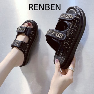 Renben รองเท้าแตะลําลอง ส้นแบน สไตล์เรโทร สําหรับผู้หญิง