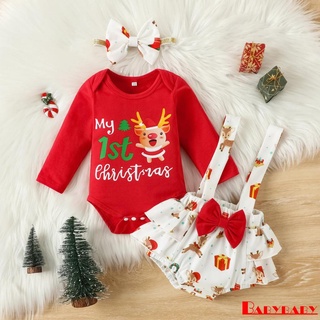 Babybaby- คริสต์มาส เด็กทารก เด็กผู้หญิง เอลก์ พิมพ์ลายตัวอักษร แขนยาว ชุดรอมเปอร์ + กางเกงขาสั้นแขวน