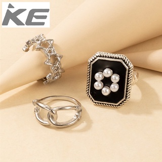 Creative Design Accessories Small Fragrant Pearl Flower Square Ring 3-Piece Set for Women for