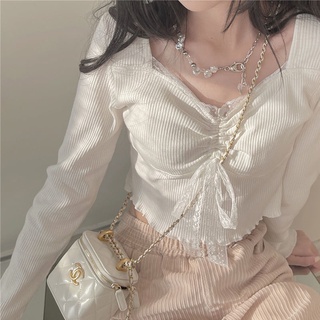 พร้อมส่ง🔥 เสื้อเชิ้ตสีขาวผ้าถักลูกไม้แขนยาวผู้หญิงสไตล์เกาหลีสลิมฟิตเสื้อคอวี