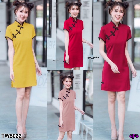 b8022-dress-ชุดเดรสคอจีนแขนสั้น-ติดกระดุมจีนเฉียงไหล่-dress-chinese-collar-short-sleeve-dress-chinese-buttoned-on-the-sh