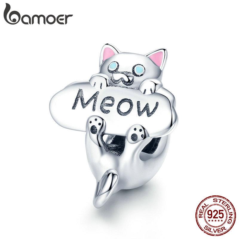 BAMOER Meow Cat Charm fit Bracelet DIY Genuine 925 Sterling Silver SCC874