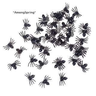 Amongspring แมงมุมปลอม พลาสติก ขนาดเล็ก สีดํา สําหรับปาร์ตี้ฮาโลวีน 50 ชิ้น