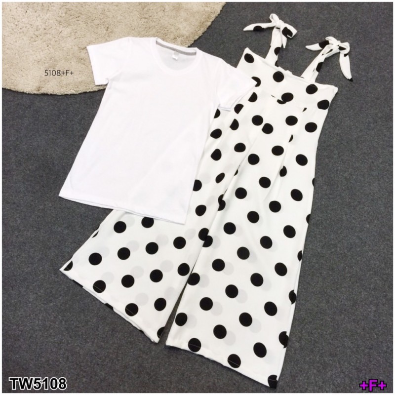 เอี้ยม-เสื้อยืดสีขาว-เอี๊ยมกางเกงลายจุด-polka-dot-สายผูกโบว์ผ้า4เวย์-ซิปหลัง-กางเกงทรงขาบาน-สวมใส่สบาย-ได้ทุกโอกาส