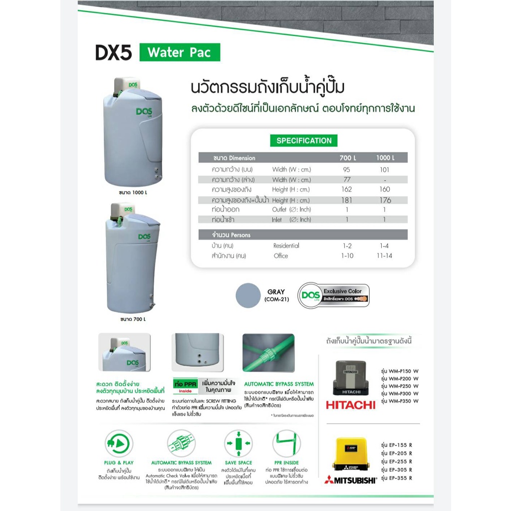 พร้อมบริการติดตั้ง-ถังเก็บน้ำ-ปั๊มน้ำ-dos-dx5-water-pac700ลิตร-ปั๊ม-mitsubishi-hitachi-ถังน้ำวอเตอร์แพค-ถังคู่ปั้ม