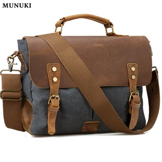 Munuki กระเป๋าสะพายไหล่ กระเป๋าถือ ผ้าแคนวาส หนัง ทรงโท้ท ใส่แล็ปท็อปได้ สไตล์วินเทจ สําหรับผู้ชาย และผู้หญิง 6807