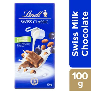 Lindt Swiss Classic Raisins Roasted Hazelnuts &amp; Almonds 100G ลินด์ สวิส คลาสสิค อัลมอน นม ช็อคโกแลต 100กรัม.