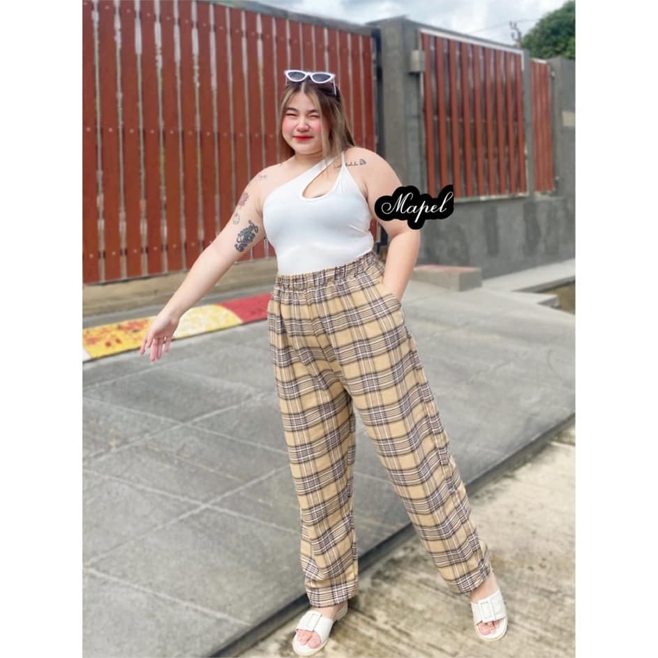 กางเกงขายาวไซส์ใหญ่-กางเกงสาวอวบ-ลายสก๊อต-แฟชั่น-วิลเทจ-เอว-36-50-รอบขา30นิ้ว-ไม่ติดสะโพกเลย