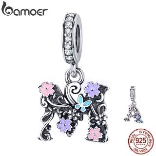 BAMOER Letter A&amp;M Pendant Charm fit Bracelet DIY 925 Sterling Silver Flower Pattern SCC1274