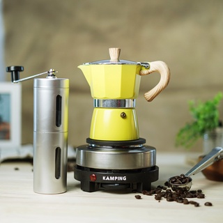 KAMPING (สีเหลือง) ชุดหม้อต้มกาแฟสด มอคค่าพอท 3cup+เตาไฟฟ้ามินิ 500W+เครื่องบดมือหมุน+ช้อนตักกาแฟ