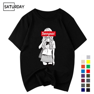 เสื้อยืดผ้าฝ้ายพิมพ์ลาย 2022 Mens Senpai Anime Girl Nerdy Cotton Black Print Tshirt Women Manga Streetwear Tee Cotton T