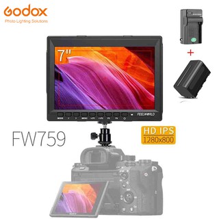 Feelworld FW759 มอนิเตอร์กล้องบันทึกวิดีโอ 7 นิ้ว IPS 1280x800 DSLR โฟกัสสูงสุด HD LCD แบตเตอรี่ NP750 ที่ชาร์จ