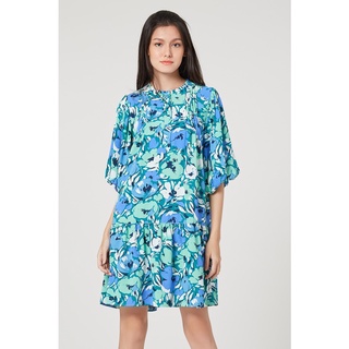 EP เดรสสั้นลายดอกไม้แต่งพลีท ผู้หญิง สีเขียว | Floral Print Dress with Pleat  Details | 0777
