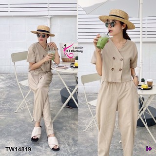 TW14819 Set 2 ชิ้น เสื้อครอปคอวี กระดุมหน้าใช้งานได้จริง แขนสั้น มาคู่กับกางเกงขายาว  มีกระเป๋าข้าง เนื้อผ้าลินิน