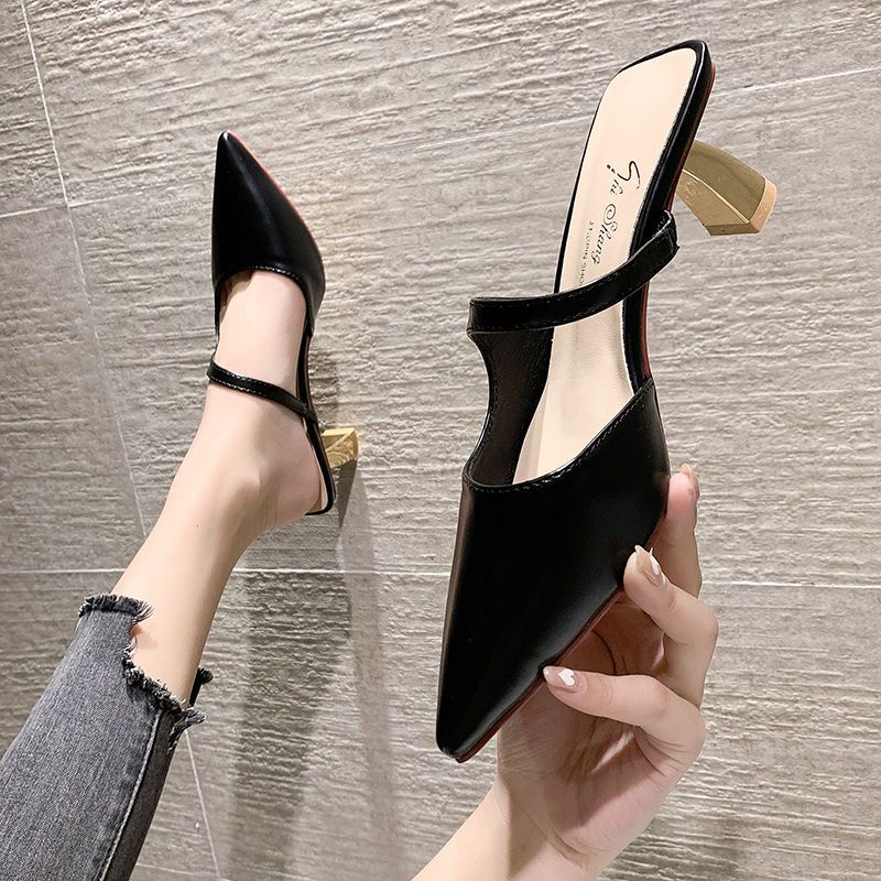 พร้อมส่ง-รองเท้าแตะส้นสูงหนังสีดำ-รองเท้าส้นสูงสไตล์เกาหลี-สีทึบ-ส้นกริช-นิ้วเท้าชี้-คัตเอาท์-สง่างาม-หวาน-จัดเลี้ยง