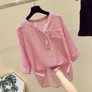 ราคา เสื้อเชิ้ต แขนสามส่วน คอวี ผ้าชีฟอง ลายทางแนวตั้ง ทรงหลวม สไตล์เกาหลี ฮาราจูกุ แฟชั่นฤดูร้อน 9322 สําหรับผู้หญิง 2020