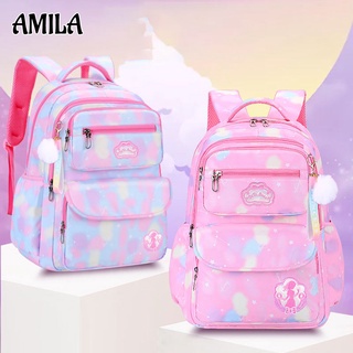 AMILA กระเป๋านักเรียนเด็กกระเป๋าอวกาศความจุสูงนักเรียนชั้นประถมสาวสีชมพูน่ารักสไตล์เจ้าหญิง