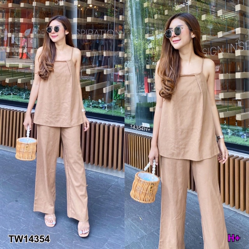 tw14354-set-2-ชิ้น-เสื้อสายเดี่ยว-ด้านหน้าเย็บจับจีบ-ดึงยางด้านหลัง-กางเกงขายาวเข้าเซต-เอวสม็อก-มีกระเป๋าข้าง-ผ้าลินิน