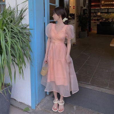 hot-sale-22521-pink-mesh-square-neck-dress-women-2022-new-puff-sleeve-long-skirt-women