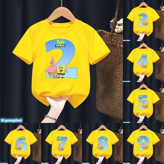 Kawaii เสื้อยืดแขนสั้น พิมพ์ลาย SpongeBob SquarePants Happy Birthday Number 2-9 แฟชั่นฤดูร้อน สําหรับเด็กผู้ชาย และเด็กผู้หญิง