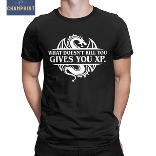 เสื้อยืดคอกลม ผ้าฝ้าย 100% พิมพ์ลายมังกร What Doesnt Kill You Give You XP Tabletop RPG สําหรับผู้ชาย
