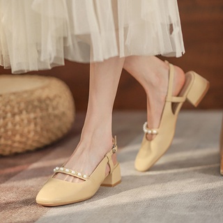 🔥Hot Sale/Mary Jane รองเท้าแตะส้นหนาผู้หญิง Baotou Pearl รองเท้าผู้หญิง 2022 ใหม่ Retro Retro กลิ่นหอมขนาดเล็กรองเท้า
