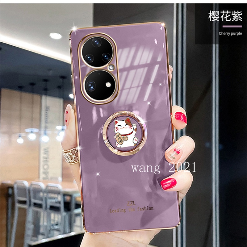 new-casing-เคส-huawei-p50-pro-p40-pro-plus-phone-case-electroplating-straight-edge-mobile-protective-case-with-cute-lucky-cat-stand-soft-case-เคสโทรศัพท