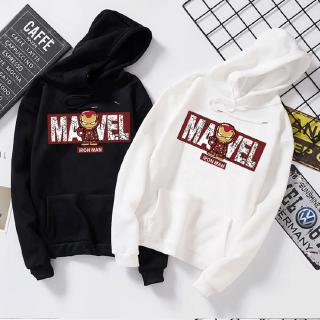 เสื้อแจ็กเก็ตแขนยาว มีฮู้ด ผ้ากํามะหยี่ แบบหนา ทรงหลวม ลาย Marvel Iron Man สําหรับผู้ชาย และผู้หญิง