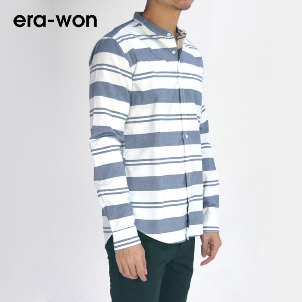 erawon-shop-1717ar-เสื้อเชิ้ตผู้ชายแขนยาว-อ็อกส์ฟอร์ด-คอจีน-graph-checked-mandarin-collar-ทรง-regular-fit-สี-argentina