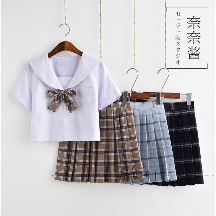 pre-order-ชุดนักเรียนญี่ปุ่น-เสื้อแขนสั้น-คอปกกะลาสี-กระโปรงลายสก๊อต-แถมถุงเท้าทุกชุด