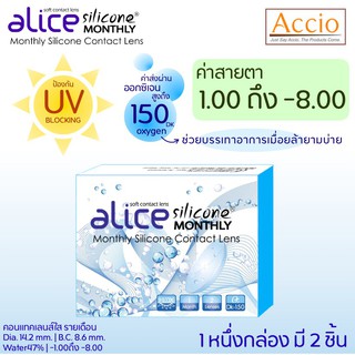 คอนแทคเลนส์แบบใส รายเดือน วัสดุซิลิโคน ยี่ห้ออลิซ  Alice Silicone Monthly 1กล่องมี 1คู่  ค่าสายตา -1.00 ถึง -10.00