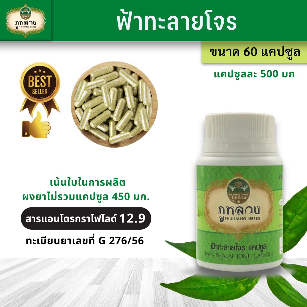 ภาพหน้าปกสินค้าฟ้าทะลายโจร ตรา ภูหลวง (น้ำหนัก 500 mg)   โค้ดส่วนลด ถ้ามีจะโพสที่หน้าร้าน  ฟ้าทะลายโจรแคปซูล ขวดละ 60 แคปซูล จากร้าน phuluang_shop บน Shopee