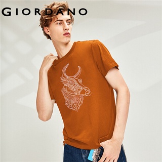 Giordano men T-Shirts Printed Cotton Summer Casual T-Shirts Ribbed Crewneck Short Solid Sleeves T-Shirts