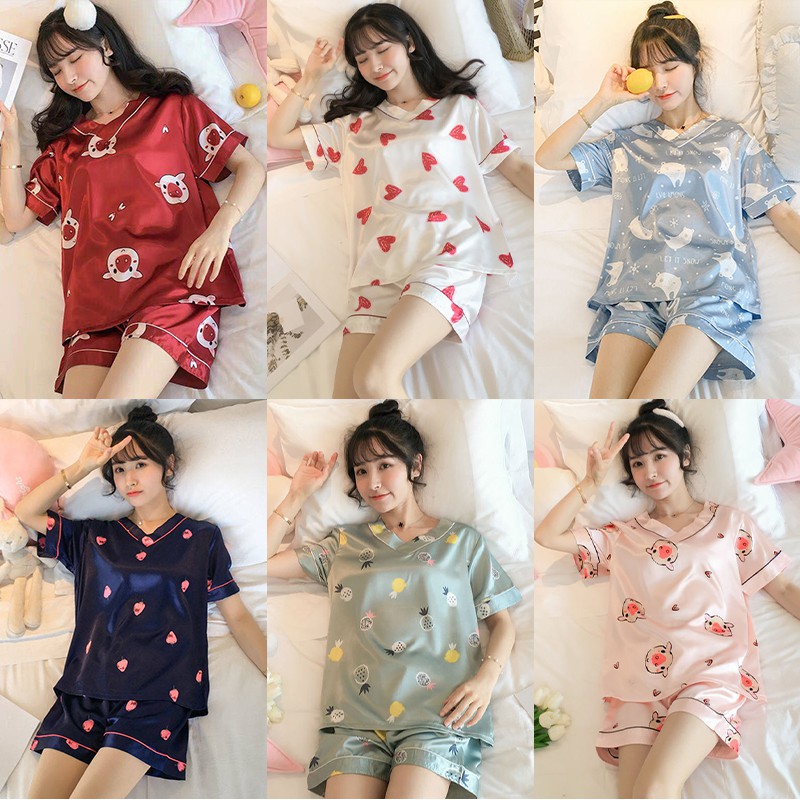 ชุดนอนแขน-ขาสั้น (M-XXL) คอวี ลายการ์ตูน ชุดนอนผ้าซาติน ลายทางน่ารัก ...