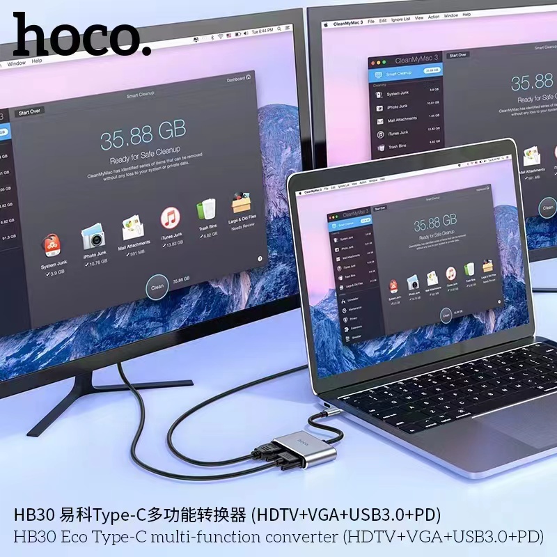 hoco-hb30-type-c-hdmi-multifunction-adapter-converter-hdtv-vga-usb3-0-pd-อุปกรณ์เชื่อมต่อสำหรับส่งสัญญาณภาพเเละเสียง