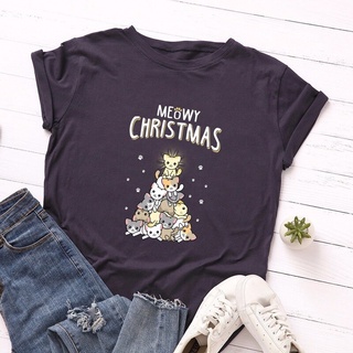 ⚡️ พร้อมส่ง⚡️ Summer Women T Shirt Cotton Christmas Cats Tree Print O-Neck Short Sleeve Female Regular Simple Tshirts