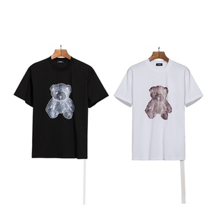 [S-5XL]เสื้อยืดแขนสั้นลําลอง ผ้าฝ้าย พิมพ์ลายหมีเรืองแสง ประดับไข่มุก สีสะท้อนแสง แฟชั่นคู่รัก สไตล์คลาสสิก สําหรับผู้ชา